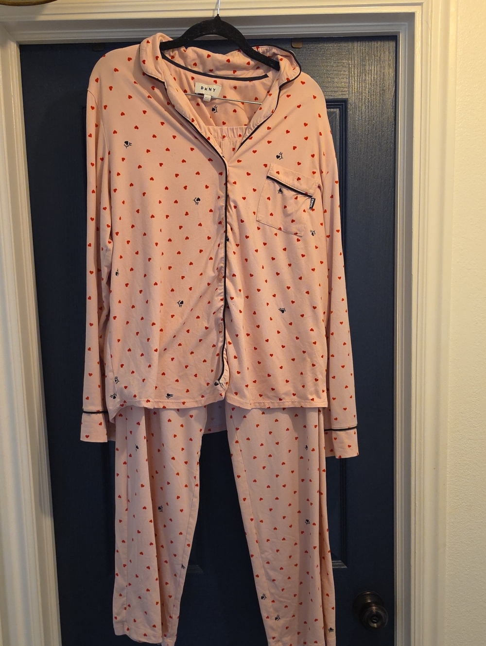DKNY Pink Pajama Set with Red Heart Pattern